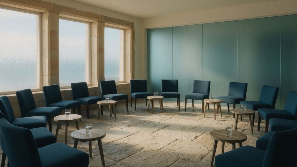 An empty circle of chairs in a calm room