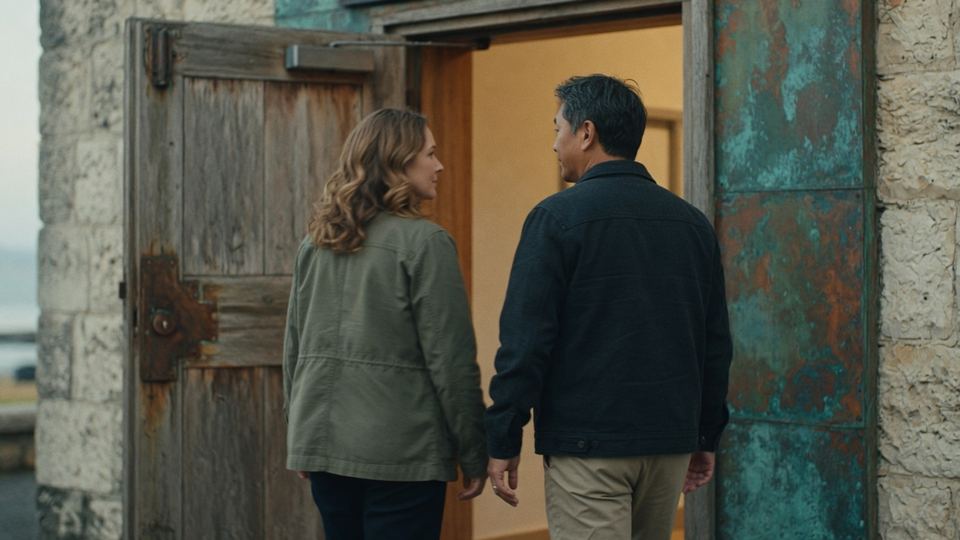 Two adults approaching an open community-room doorway