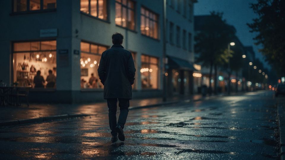 An adult walking through a calm city street after a meeting
