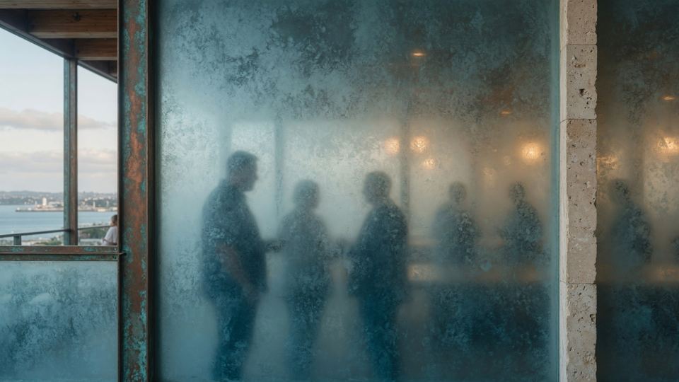 People rendered anonymous behind layered frosted glass
