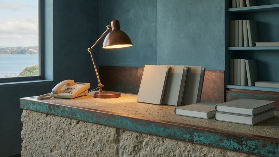 A quiet service desk with unbranded books and telephone