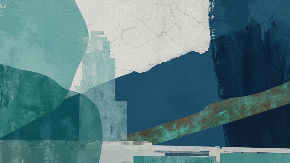 Abstract folded pathway in sea-glass and limestone tones