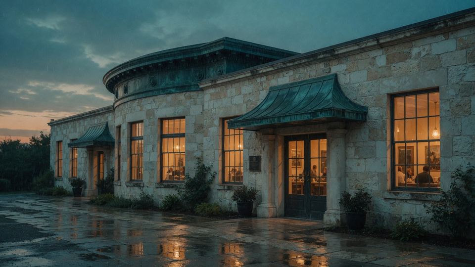 A warmly lit community building after rain